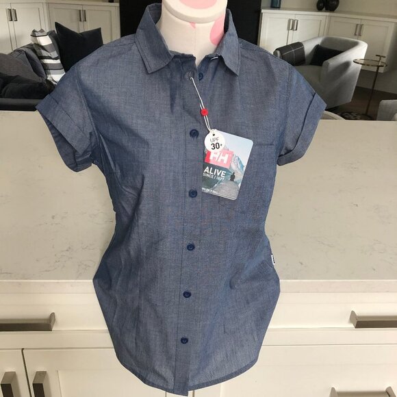 Helly Hansen Alive W Huk Casual Button Down SS Shirt w 30+ UPF Blue Sz S NWT - Picture 1 of 15